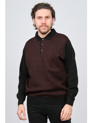 Woolen World Erkek Polo Yaka Desenli Yün Kazak 5596581 Siyah