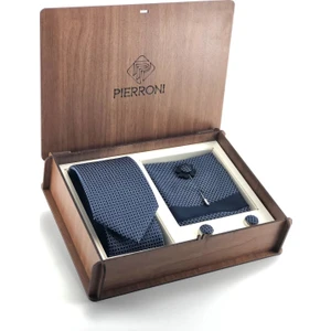 Lacivert Kravat 4 'lü Özel Ahşap Kutulu Set