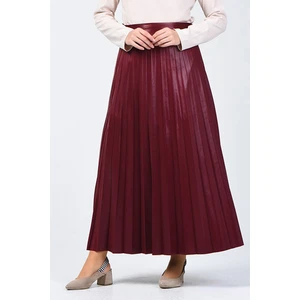 Essah Moda Kadın Bordo Deri Görünümlü Piliseli Uzun Etek - ME000232