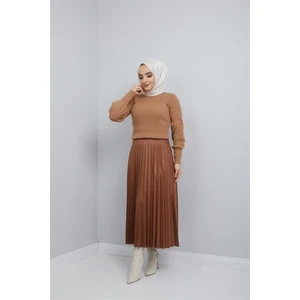 Essah Moda Kadın Kahve Deri Görünümlü Piliseli Uzun Etek - ME000235
