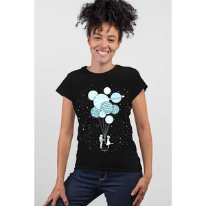 Balon Gezegenler Siyah Kısa Kollu Kadın T-Shirt