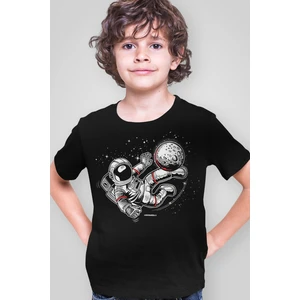 Futbolcu Astronot Siyah Kısa Kollu Kız Erkek Uniseks Çocuk T-Shirt