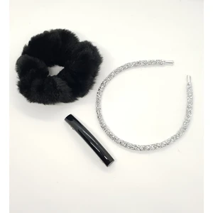 196F - Saç Aksesuar Seti, Suni Kürk, Saten Toka ve Taç