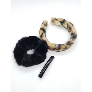 196F - Saç Aksesuar Seti, Suni Kürk, Saten Toka ve Taç