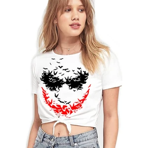 Yarasa Gülüşü Beyaz Kesik Crop Top Bağlı Kadın T-Shirt