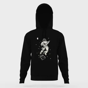 Uzay Astronot Gitar Baskılı Siyah Erkek Örme Kapşonlu Sweatshirt Uzun Kol