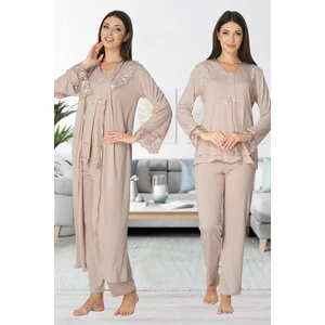 Kadın Bej Lohusa Sabahlıklı Pijama Takımı EFFORTT 2424