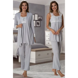 Kadın Gri Lohusa Sabahlıklı Pijama Takımı EFFORTT 2301