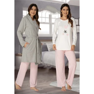 Kadın Pembe Tavşanlı Lohusa Sabahlıklı Pijama Takımı EFFORTT 3090