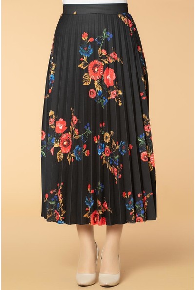 Essah Moda Kadın Siyah Çiçekli Piliseli Uzun Etek - ME000261