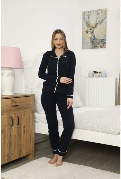 Huq Moda Kadın Lacivert Ekru Pamuklu Likralı Düğmeli Biyeli Pijama Takımı LACIVERT8697654339466