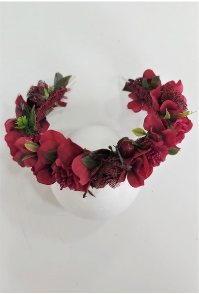Eva Flore Kırmızı Bordo Çiçekli Taç - Kırmızı Lohusa Tacı - Yeni Doğan Bebek Bandı - Lohusa Seti