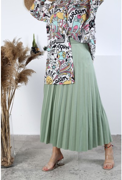 Essah Moda Kadın Mint Yeşili Piliseli Uzun Etek - ME000246
