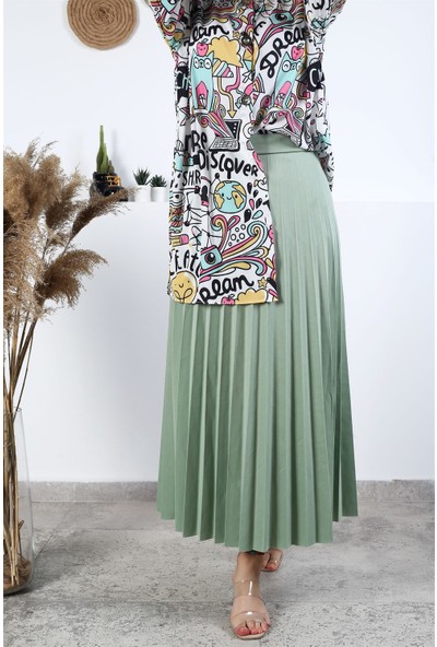 Essah Moda Kadın Mint Yeşili Piliseli Uzun Etek - ME000246