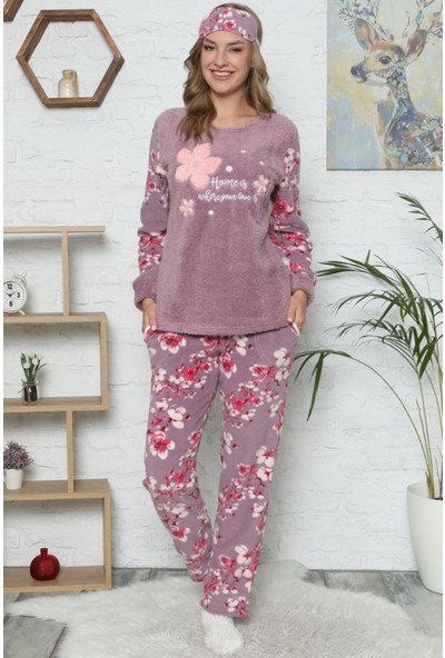 Pijama Evi Yaprak Desenli Kadın Peluş Pijama Takımı
