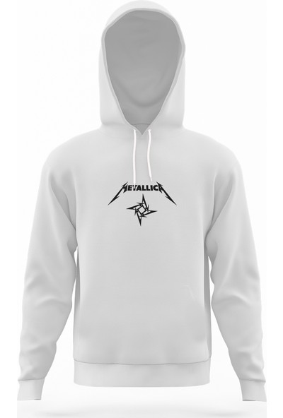 Tshirthane Metallica Logo Yıldız Beyaz Erkek Kapüşonlu Sweatshirt Uzun Kol