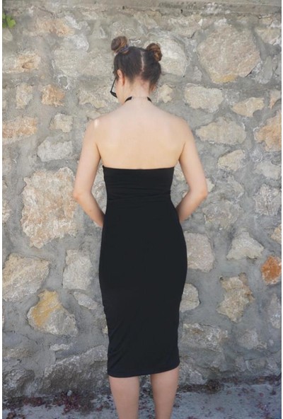 Cadı Moda Kadın Siyah Straplez Bodycon Diz Altı Elbise