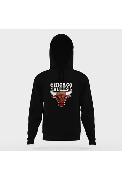 Tshirthane Chicago Bulls Basketboll Baskılı Siyah Erkek Örme Kapşonlu Sweatshirt Uzun Kol