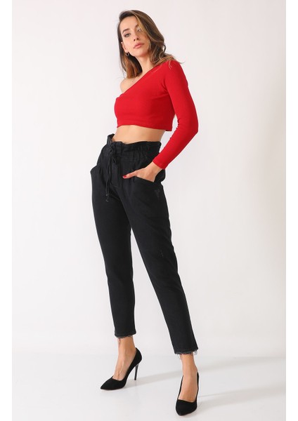 Yüksek Bel Beli Lastikli Kot Pantolon