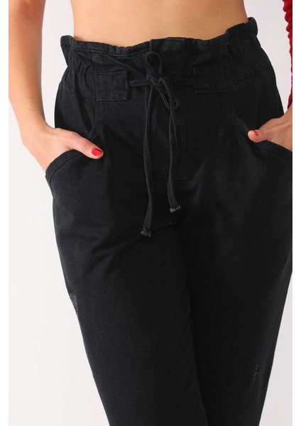 Yüksek Bel Beli Lastikli Kot Pantolon