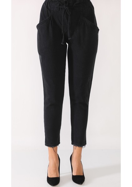 Yüksek Bel Beli Lastikli Kot Pantolon