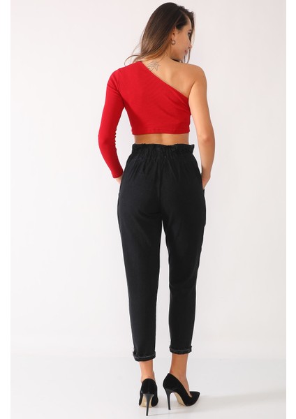Yüksek Bel Beli Lastikli Kot Pantolon