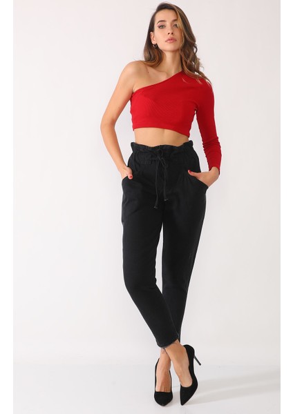 Yüksek Bel Beli Lastikli Kot Pantolon