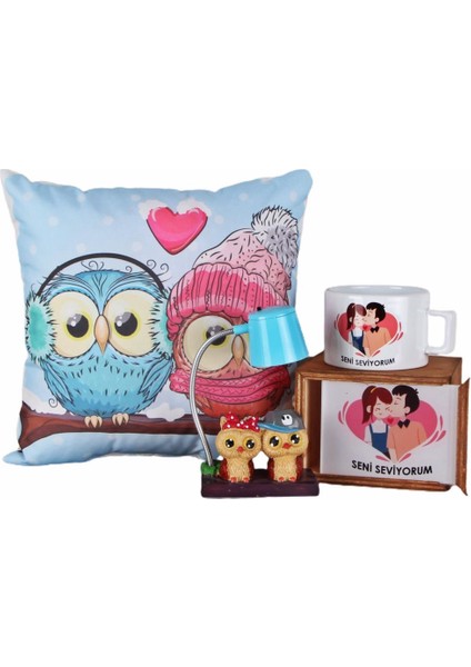 Setkanalı Aşık Baykuşlar Puf Yastık Best Friends Işıklı Biblo Seni Seviyorum Kutulu Kupa Sevgiliye Set