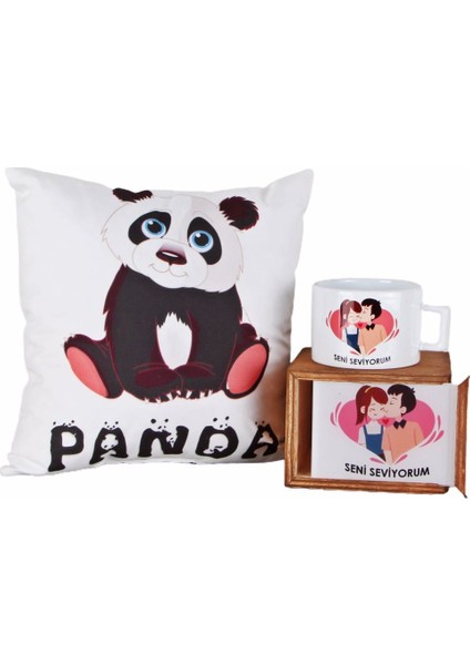 Setkanalı Masum Panda Tasarımlı Puf Yastık Seni Seviyorum Doğal Ahşap Kutulu Kupa Sevgiliye Set