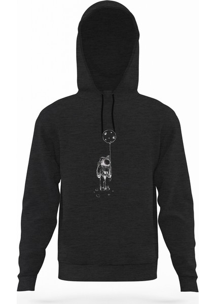 Astronot Uzay Balon Ay Füme Antrasit Erkek Kapüşonlu Sweatshirt Uzun Kol