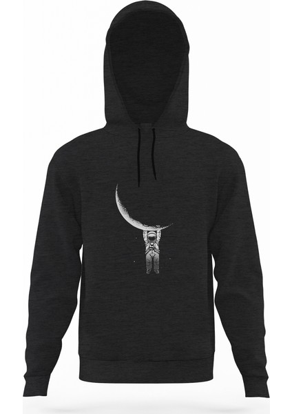 Astronot Aya Asılı Astronot Füme Antrasit Erkek Kapüşonlu Sweatshirt Uzun Kol