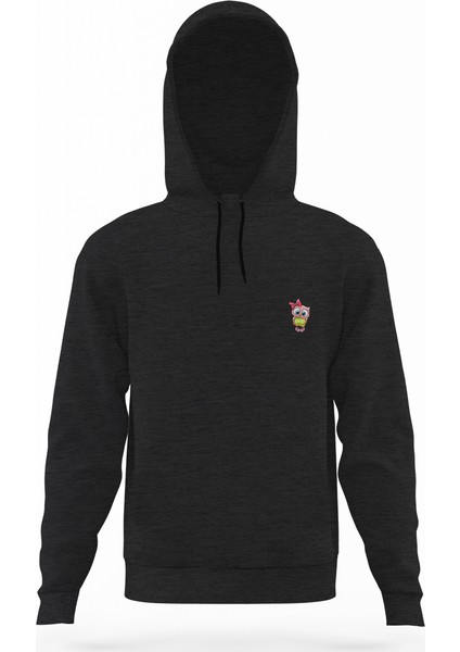 Baykuş Sevimli Baykuş Yeşil ve Beyaz Gömlekli Göğüs Füme Antrasit Erkek Kapüşonlu Sweatshirt Uzun Ko