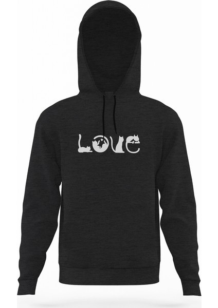 Kedi Love Füme Antrasit Erkek Kapüşonlu Sweatshirt Uzun Kol