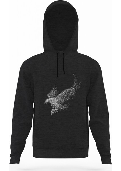 Kel Kartal Kuşu Kanatları Parçacıklar Füme Antrasit Erkek Kapüşonlu Sweatshirt Uzun Kol