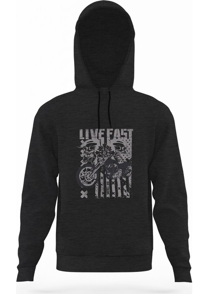 Live Fast Motorsiklet Füme Antrasit Erkek Kapüşonlu Sweatshirt Uzun Kol