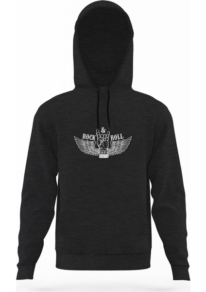 Rock & Roll Kanatlı Füme Antrasit Erkek Kapüşonlu Sweatshirt Uzun Kol