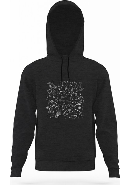 Space Adventure Uzay Gezegenler Nasa Yıldız Roket Astronot Füme Antrasit Erkek Kapüşonlu Sweatshirt