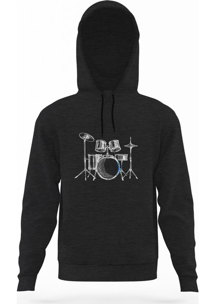 Bateri Drum Watercolor Füme Antrasit Erkek Kapüşonlu Sweatshirt Uzun Kol