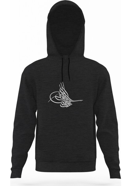 Tuğrası Ottoman Tughra Osmanli Tugrasi Logo Füme Antrasit Erkek Kapüşonlu Sweatshirt Uzun Kol