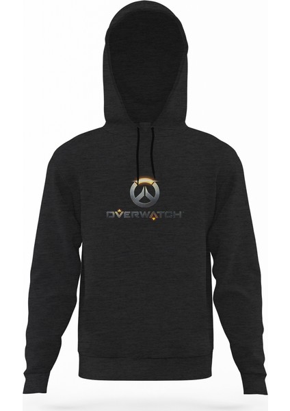 Overwatch Logo Füme Antrasit Erkek Kapüşonlu Sweatshirt Uzun Kol
