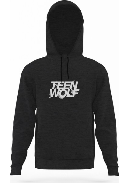 Teen Wolf Logo Füme Antrasit Erkek Kapüşonlu Sweatshirt Uzun Kol