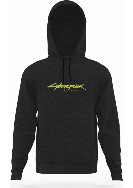 Cyberpunk 2077 Logo Füme Antrasit Erkek Kapüşonlu Sweatshirt Uzun Kol