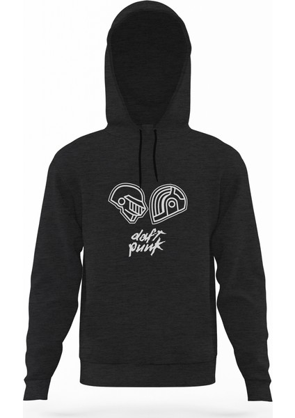 Daft Punk Helmet & Yazi Füme Antrasit Erkek Kapüşonlu Sweatshirt Uzun Kol