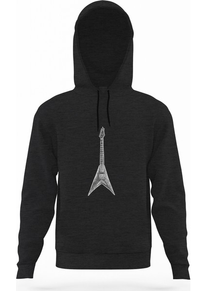 Drawing Rock Guitar Füme Antrasit Erkek Kapüşonlu Sweatshirt Uzun Kol