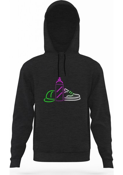Grafitti Neon Light Füme Antrasit Erkek Kapüşonlu Sweatshirt Uzun Kol