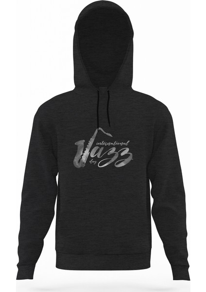 International Jazz Day Saksafon Füme Antrasit Erkek Kapüşonlu Sweatshirt Uzun Kol