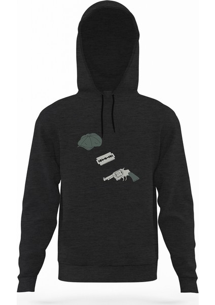 Peaky Blinders Hat & Razor Blade & Gun Füme Antrasit Erkek Kapüşonlu Sweatshirt Uzun Kol