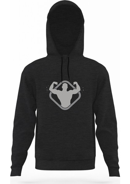 Silhouette Bodybuilding Füme Antrasit Erkek Kapüşonlu Sweatshirt Uzun Kol