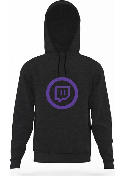 Twitch Logo Füme Antrasit Erkek Kapüşonlu Sweatshirt Uzun Kol
