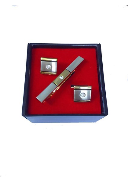 Altın Sarısı Renk Taşlı Kol Düğmesi ve Kravat Iğnesi Set Kd-78